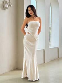 SHEIN EZwear Apricot Linen Bandeau Top And Long Skirt Set