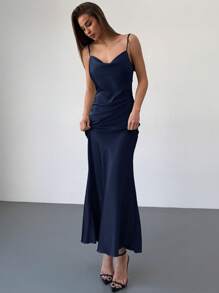 Aloruh Vestido elegante de mujer con escote drapeado, decoración floral 3D y espalda descubierta