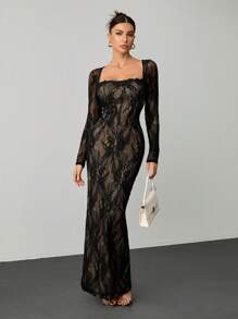 SHEIN Tall 女士新款夏季派对约会晚会性感S型蕾丝长袖抹胸鱼骨方领紧身裹臀黑色长裙 - 黑色 - 查看 5