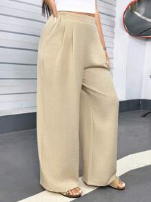 SHEIN Essnce Plus Size Women's Summer New Style Fashionable Casual Coffice Outfits For Women Linen Pants Women Work Pants Baggy Pants Work Clothes Women Vacation Outfits Going Out Outfits Business Casual Ommuting Vacation Linen Apricot Trousers, Pants With Pockets Pants - Apricot - View 5