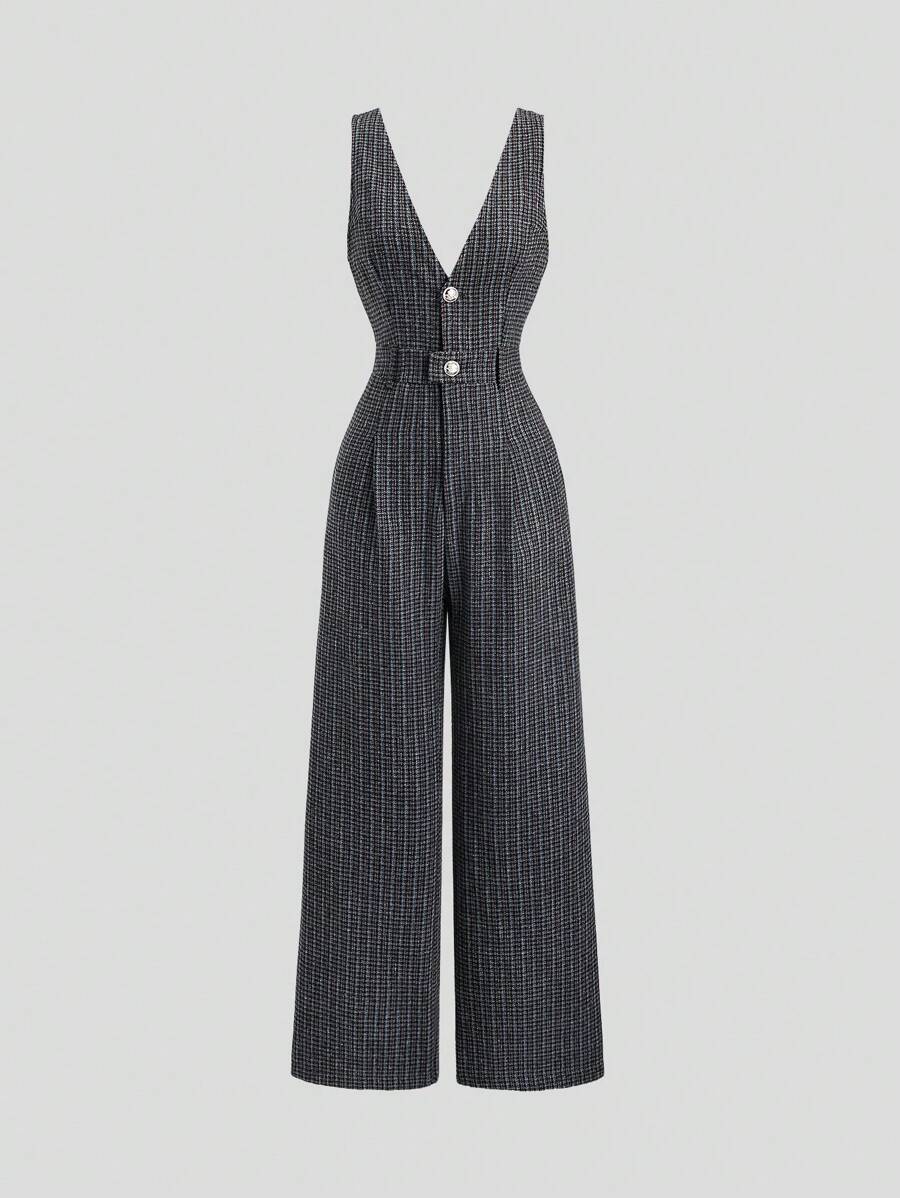 SHEIN Unity 新款时尚复古格纹无袖高腰阔腿长腿连体裤女修身减龄秋季