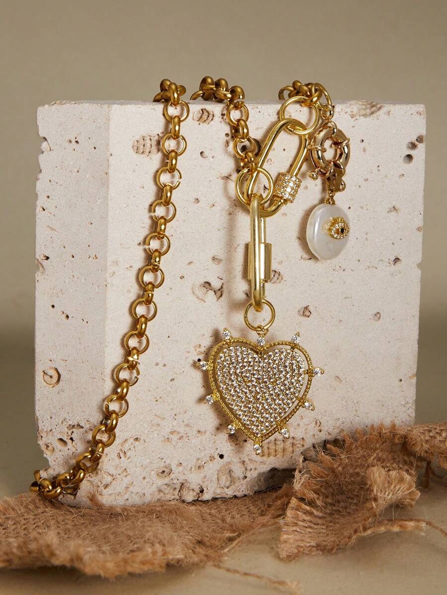 1 件心形吊坠项链,心形罗洛链项链,红色心形吊坠项链,金色多吊坠项链,情人节 - 金色 - 查看 1