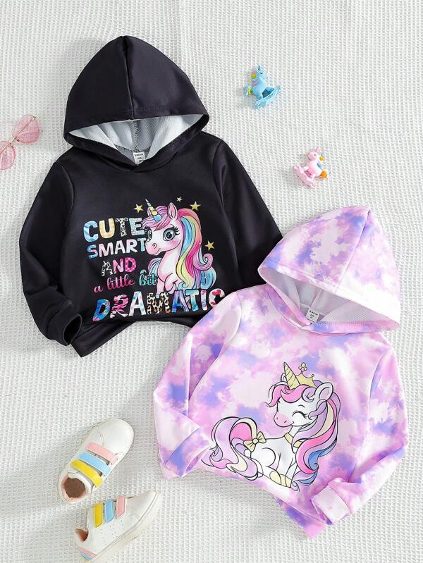 2 pièces/ensemble Sweat-shirt à capuche décontracté avec imprimé licorne coloré mignon pour toute petite fille. Convient pour le port quotidien et les ensembles assortis de la famille, automne