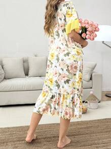 Contrast Color Splice Ruffle Hem Short Sleeve Floral Print Long Nightgown - Multicolor - View 2