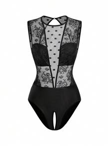 Bộ đồ liền thân ren chấm bi bóng loáng gợi cảm Retro Palace dành cho nữ - màu đen - Xem 3