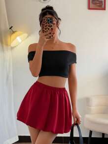 Chiquease Minifalda casual de unicolor brillante con dobladillo con volantes - Burdeos - Ver 6