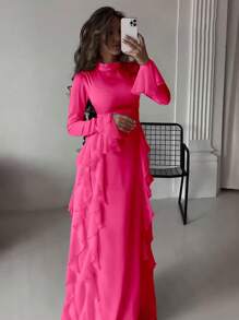 Firerie Women's Romantic Elegant High Neck Long Lantern Sleeve Ruffle Hem Dress - Pink - View 9