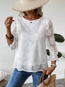 SHEIN LUNE Women's Vacation Casual Solid Color Floral Embroidery Mesh Blouse - Apricot - View 4