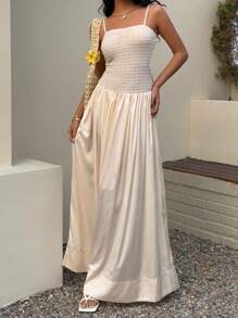 SHEIN Unity Women's Spring & Summer Casual Holiday Everyday Bubble Textured Color Blocking Tie Up Bow Dress - Apricot - View 3