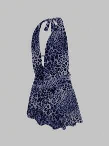 INAWLY Women Leopard Print Halter Backless Tie Casual Mini Dress - Blue - View 3