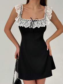 Aloruh Women's Elegant Contrast Lace Trim Sleeveless Mini Dress,Business Casual Woman