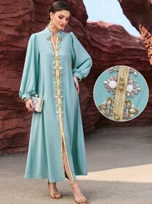 Layrah Women's Elegant Arabic Style Colorblock Embroidered Lantern Sleeve V-Neck Dress