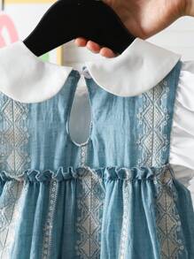 Young Girl Geometric Pattern Contrast Color Peter Pan Collar Cap Sleeve Cute Dress - Multicolor - View 4