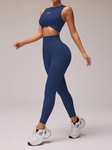 Gameset SHEIN Sport Women Sleeveless Solid Color Tank Top And Pants Sport Suit, Minimalist And Fashionable, Suitable For Summer Workout Women Sets,Women's Solid Color Casual Sports Top And Pants Set, Suitable For Daily Yoga And Workout - Navy Blue - View 3