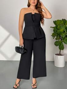 Firerie 2pcs/Set Plus Size Women Casual Elegant Ruched Waist Zipper Collar Blouse And Straight Leg Pants, Suitable For Work, Commute, And Vacation - Black - View 3