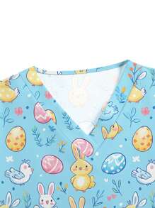 PopScrub Easter Colorful Cartoon Pattern Blue Hand Wash Clothes Cartoon Rabbit Short Sleeve Nurse Uniform Top  Animal Cartoon Pattern Short Sleeve V Neck Double Pocket Top Nurse Women's Top Scrub Top Print V Neck Frosted Scrub Top, Casual Short Sleeve Work Wear, Women Sweetheart V-Neck Ruched Blouse, Women Short Sleeve V-Neck Nurse Uniform Shirt With 2 Pockets, Soft Stretchy Ruched Graphic Tee - Blue - View 6