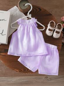 2pcs/Set Infant Girls' Summer Korean Style Casual Cute Woven Car & 3D Bow Decor Pink Outfit