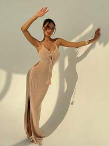 Aloruh Women's Sexy Criss-Cross Straps Backless Tassels Hollow-Out Fitted Maxi Sweater Dress Summer Crochet Dress - Khaki - View 6