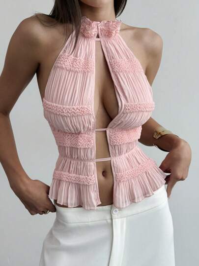Aloruh New Sexy Open Back Tie-Up Design Sweet Ruffle Jacquard Revealing Split Pink Halter Tank Top,Rave Top