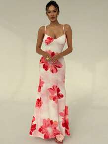 Aloruh 春夏季度假女士细肩带露背紧身花卉印花连衣裙 - 粉色 - 查看 5
