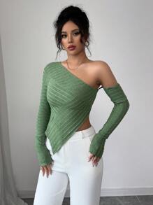 Elenzga Women Solid Color Off Shoulder Fitted Asymmetric Hem Long Sleeve Fuzzy Soft T-Shirt