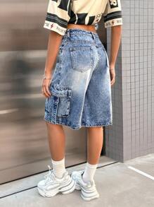 SHEIN Teen Girl's Y2K Spring Summer Break Fashionable Low Rise Wide Leg Baggy Denim Long Shorts With Buckle Detail And Fold-Over Pockets,Summer Beach Boho Concert Rave Festival Outfits