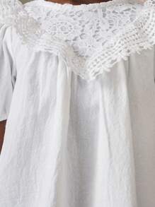 SHEIN 年轻女孩蕾丝领泡泡袖宽松白色衬衫 - 白色 - 查看 8