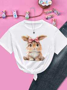 SHEIN Explorewe Cartoon Rabbit Print Crew Neck Short Sleeve Casual T-Shirt For Teen Girls - White - View 1
