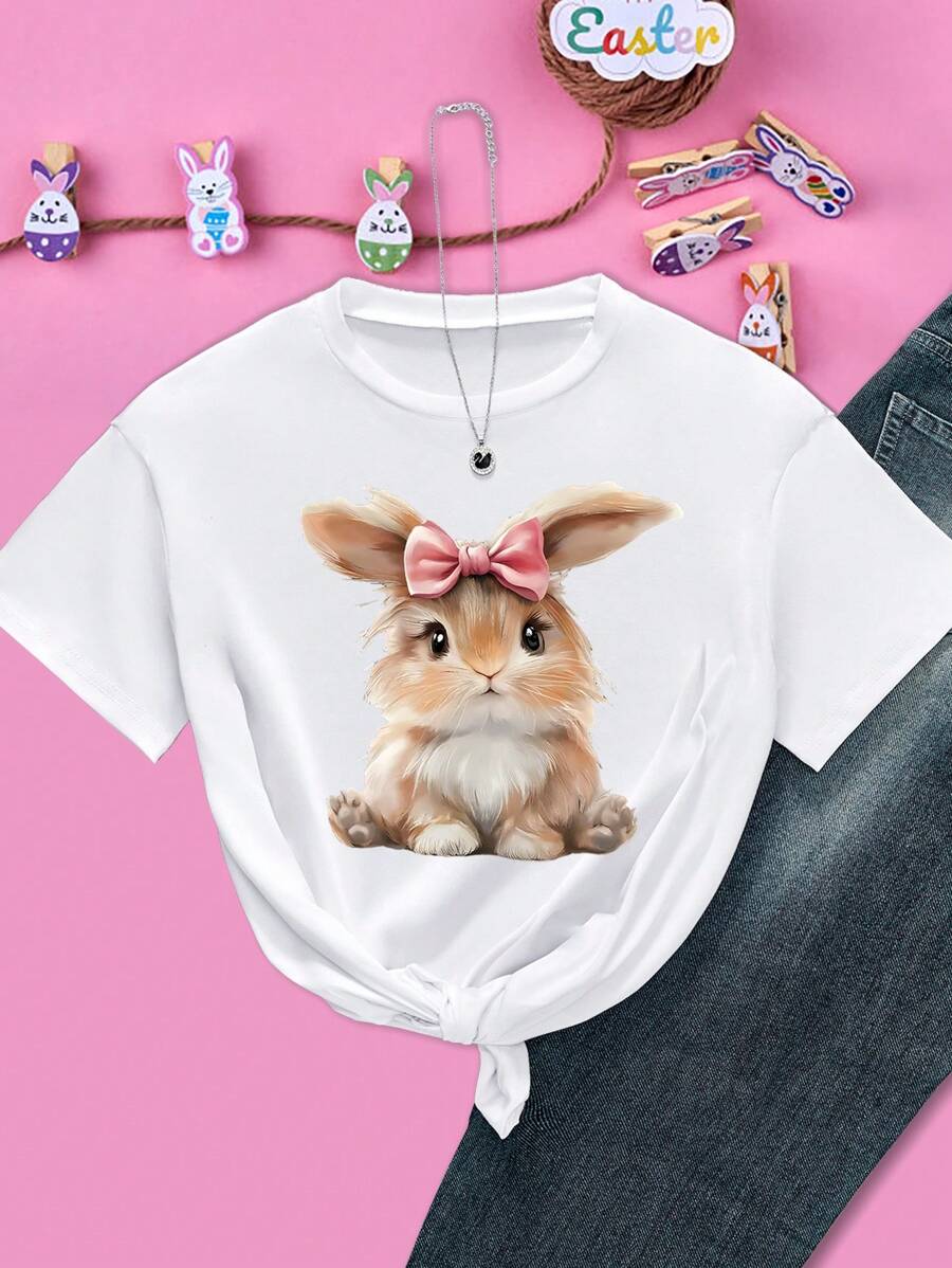 SHEIN Explorewe Cartoon Rabbit Print Crew Neck Short Sleeve Casual T-Shirt For Teen Girls - White - View 1