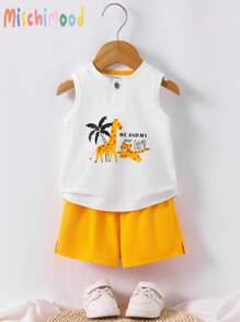 新生男婴可爱动物印花无袖上衣和短裤套装 幼儿夏季服装套装 - 白色 - 查看 1