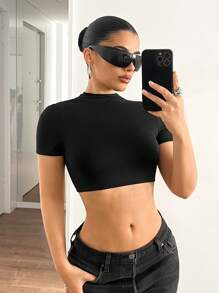 SHEIN ICON Y2K Casual Basic Fitted Backless Black T-Shirt - Black - View 2