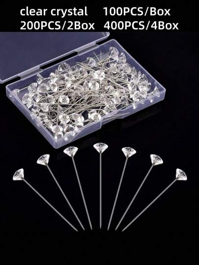 100/200/400 件 38 毫米水晶定位针（带盒），人造珍珠定位针用于服装裁剪/十字绣/DIY 工艺品花束针、胸花针、水钻花胸针、水晶胸针、婚礼新娘发饰配饰装饰工艺、婚礼用直头针、珠宝 DIY 装饰、绗缝和工艺
