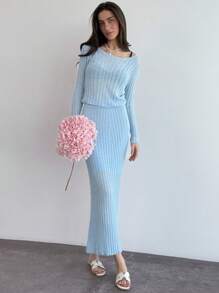 Aloruh 2 件女式纯色圆领长袖毛衣和长款针织 A 字裙套装，合身 - 彩色 - 查看 5
