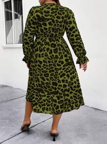 Celure Plus Size Women's Leopard Print Wrap Neckline Dress Maxi Women Outfit - Green - View 2