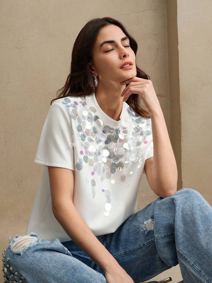 Anewsta Women's Crew Neck Short Sleeve Regular Length Elegant Sequin T-Shirt, Spring Summer For Women, Festival - White - View 1