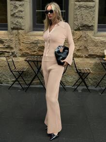 Aloruh Casual Solid Color Front Button Knit Top And Pants Two Pieces Set - Khaki - View 4