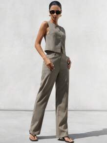 Aveloria Modichic 复古风格两件套：一件格子露肩背心和宽松阔腿裤，优雅的商务休闲装 - 卡其色 - 查看 5