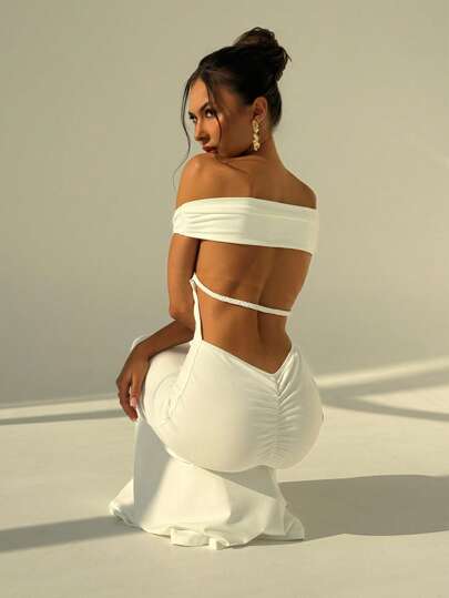 Aloruh White Wedding Season Backless Ruched Sexy Off Shoulder Slim Fit Women's Dress,Pastel Dresses For Women Spring/Summer Fairycore