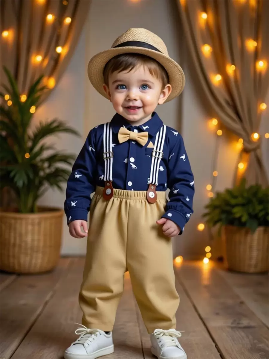 SHEIN 3 件套男婴卡通恐龙印花长袖连体衣，配有围兜裤和帽子，婚礼/婚礼宾客 - 彩色 - 查看 1