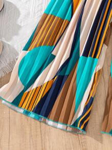 2pcs/Set Young Girl Puffy Sleeve Knit Square Neck T-Shirt + Floral Print Wide Leg Pants With Belt, Beach Resort Vacation Outfit - Green - View 5