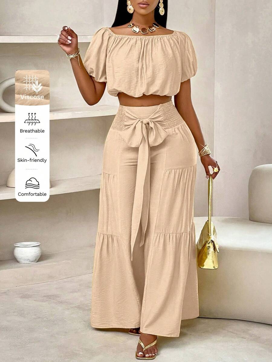 SOLERSUN Summer Beach Vacation Style Puff-Sleeved Ruffled Strapless Crop Top & Wide Leg Pants Set For Summer,Ladies Casual Ruffle Hem,Shirred Short Sleeve Regular Fit Khaki Viscose Puff Sleeve Pants Women Two-Piece Outfits,Spring/Fall,Casual Daily Wear