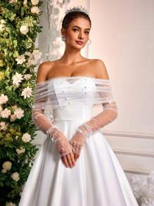 Glamrae Elegant White Lace Off-Shoulder Long Sleeve Pearled Mesh Draping Satin Shiny A-Line Ruffle Maxi Dress Wedding Gown With Adjustable Tie Back, Bride - White - View 2