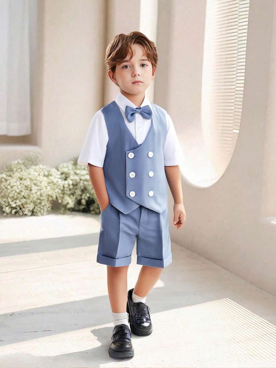3 件套年轻男孩时尚百搭宽松休闲舒适短袖衬衫、背心、短裤三件套，适合生日派对、洗礼、一周年庆典、派对、表演、婚礼等场合，绅士英国学院
