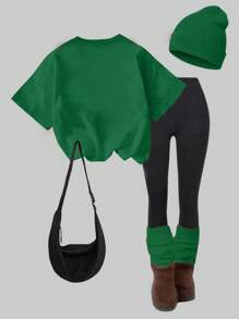 SHEIN St. Patrick's Day Tween Girl Casual Chic Leopard, Clover, Heart Graphic Print T-Shirt And Leggings 2 Pieces Set - Multicolor - View 2