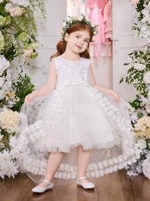 SHEIN Glamorique Kids Vestido de princesa sin mangas de unicolor con lazo en la cintura, falda de tul bordada tipo pastel, adecuado para bodas y fiestas formales