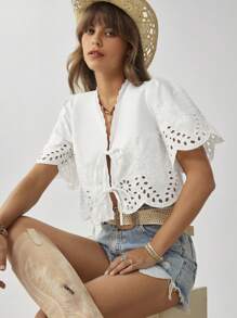 SHEIN LUNE 女士刺绣花卉蕾丝边宽松前系带短上衣