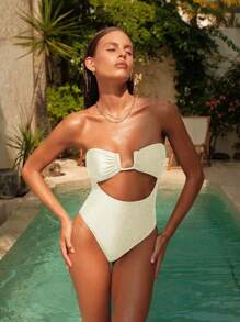 Swim Chiccia New Solid Color Sling U-Neck Elegant One-Piece Swimsuit For Women, Summer - Beige - View 1