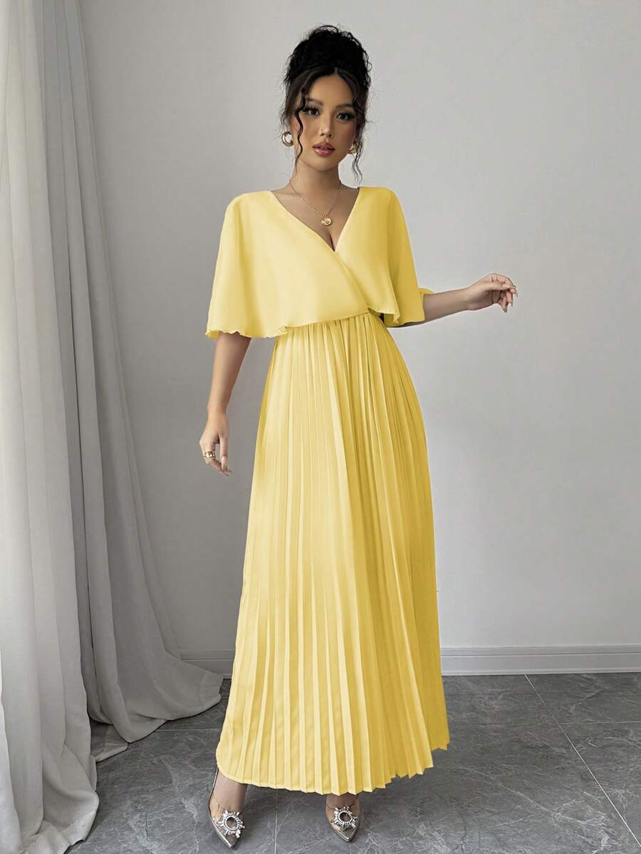 Elenzga Elegant Butterfly Sleeve Pleated A-Line V-Neck Backless Dress, Suitable For Party, New Year, Valentine's Day, Pink