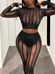 BamGleam Sexy Sheer Mesh Cropped Top And Slim Fit Long Pants Set - Black - View 5