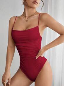 SHEIN PETITE Solid Ruched Cami Summer Women Bodysuit - Burgundy - View 3
